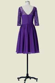 Purple 3/4 long Sleeves A-Line Chiffon Short Bridesmaid Dresses