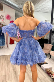 Blue Strapless A-Line Tulle Short Homecoming Dresses with Detachable Sleeves