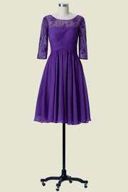 Purple 3/4 long Sleeves A-Line Chiffon Short Bridesmaid Dresses