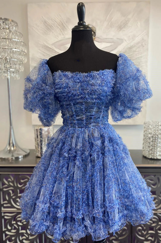 Blue Off the Shoulder A Line Tiered Ruffles Short Homecoming Dress