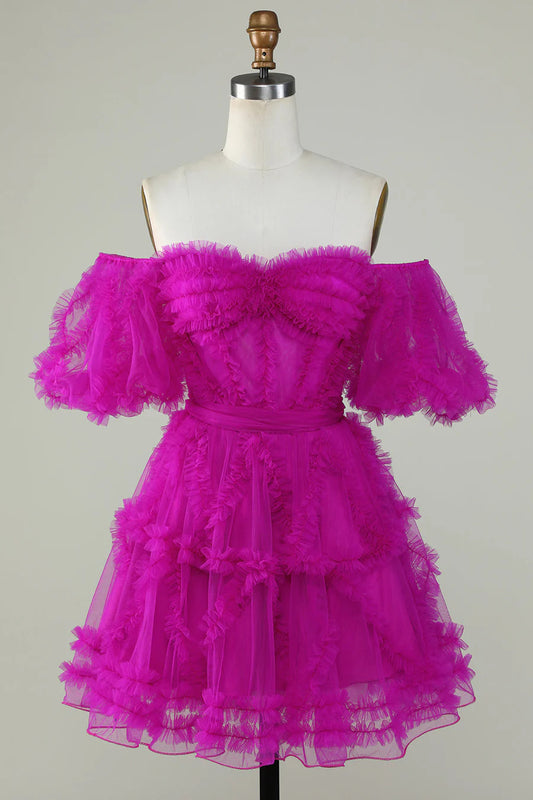 Fuchsia Off the Shoulder Puff Sleeves Tiered Ruffles Short Homecoming Dress