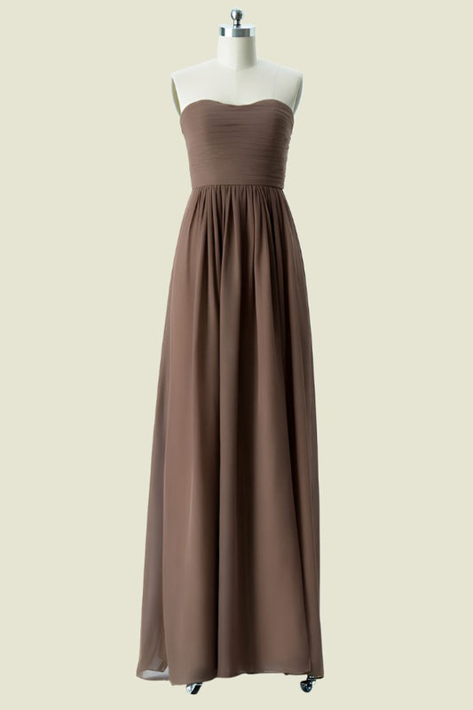 Brown Strapless A-Line Pleated Chiffon Long Bridesmaid Dress Front Side