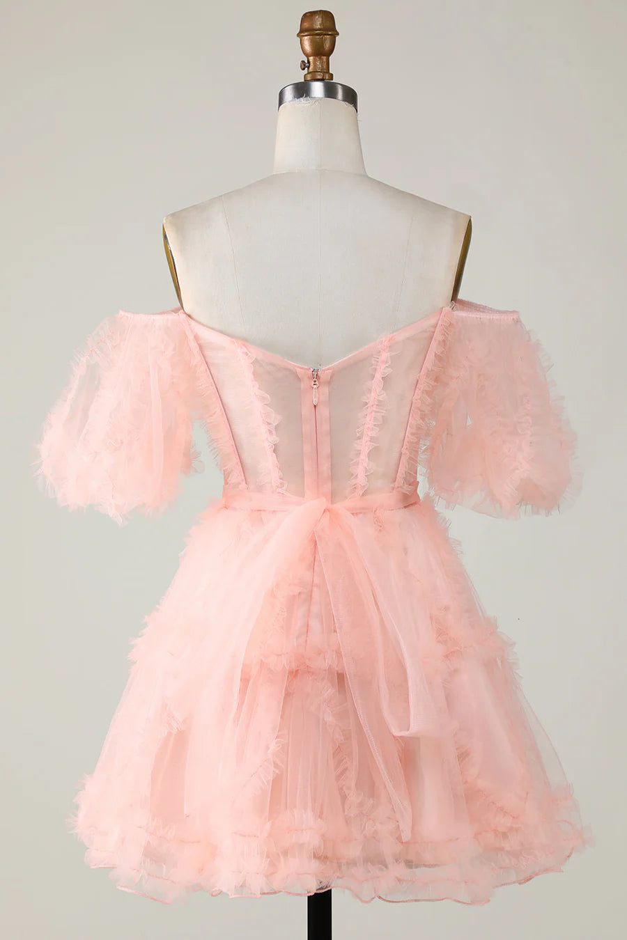 Pearl Pink Tiered Off-The-Shoulder Puff Sleeves Short Tulle Homecoming Dresses