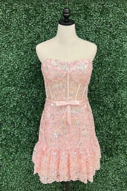 Pink Strapless A Line Sequined Short Homecoming Dresses with Appliques