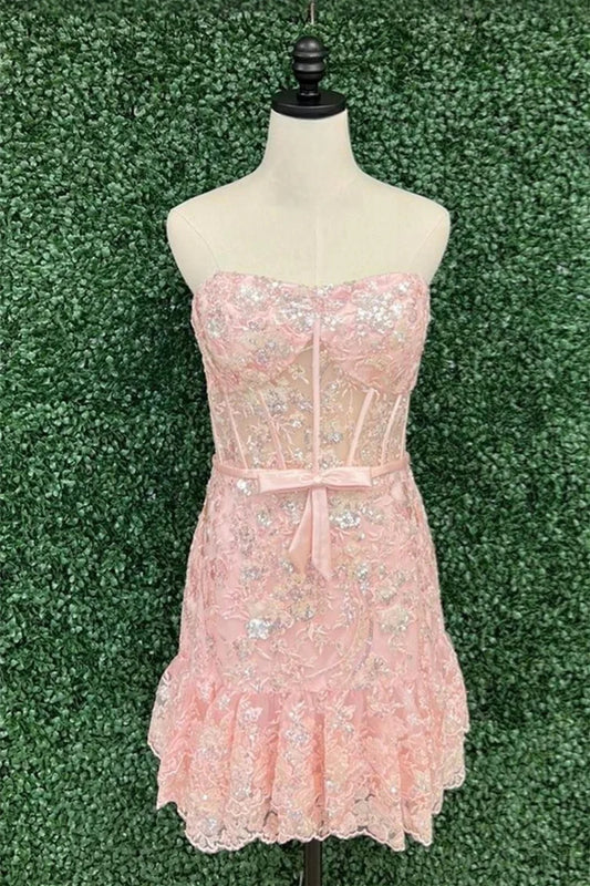 Pink Strapless A Line Short Homecoming Dress with Applique