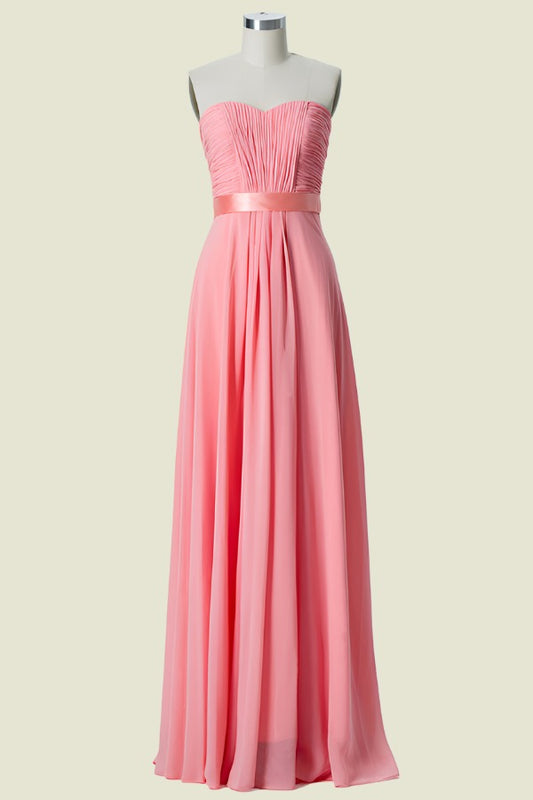 Coral Strapless A-Line Chiffon Long Bridesmaid Dress with Tying Sash Belt