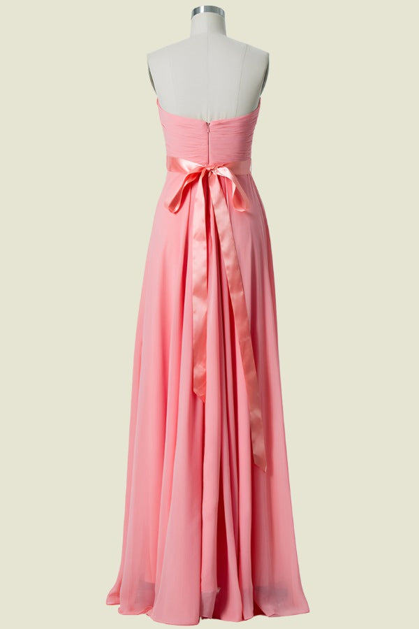 Watermelon Strapless Sweetheart A-Line Chiffon Floor-Length Bridesmaid Dresses with Sash