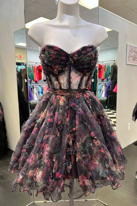Black Strapless A Line Ruffle Short Homecoming Dress with Floral Print