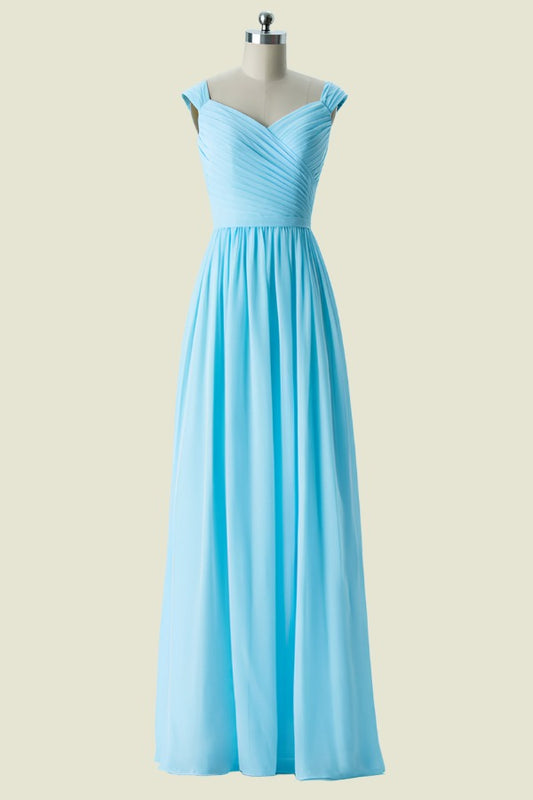 Blue V Neck A-Line Pleated Chiffon Long Bridesmaid Dress