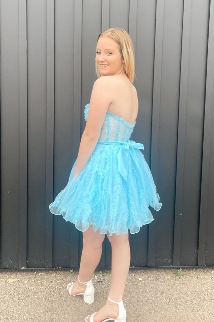 Pool Sweetheart Strapless A-Line Short Tulle Homecoming Dresses with Ruffles