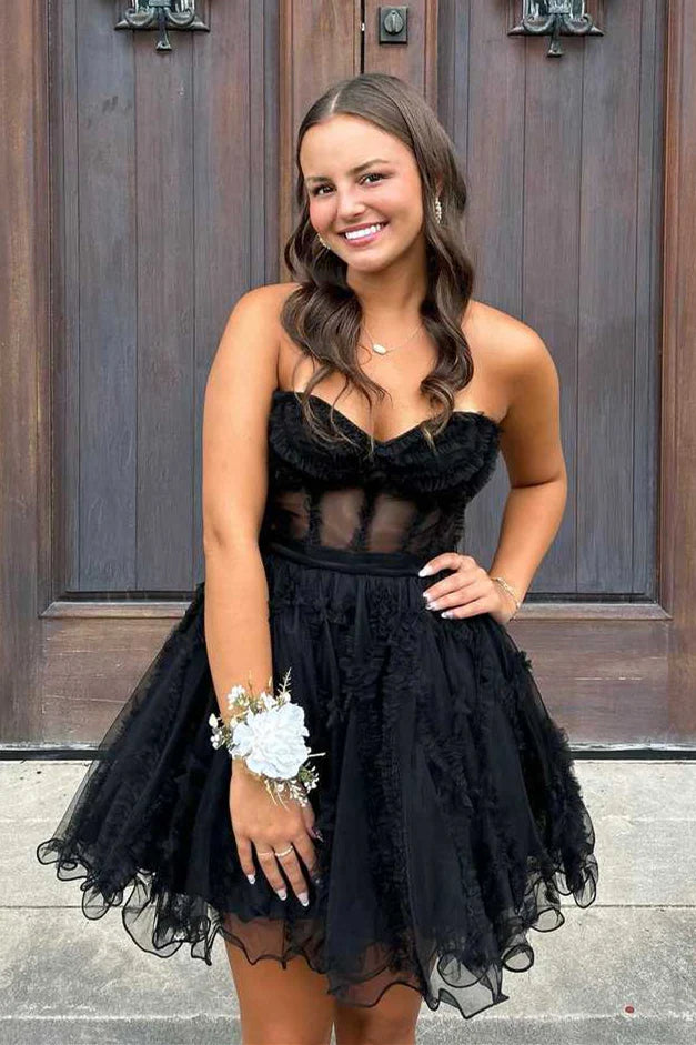 Black Strapless A Line Ruffle Short Homecoming Dress with Bowknot