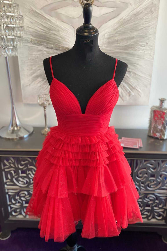 Red Spaghetti Straps A Line Tiered Ruffles Short Homecoming Dress