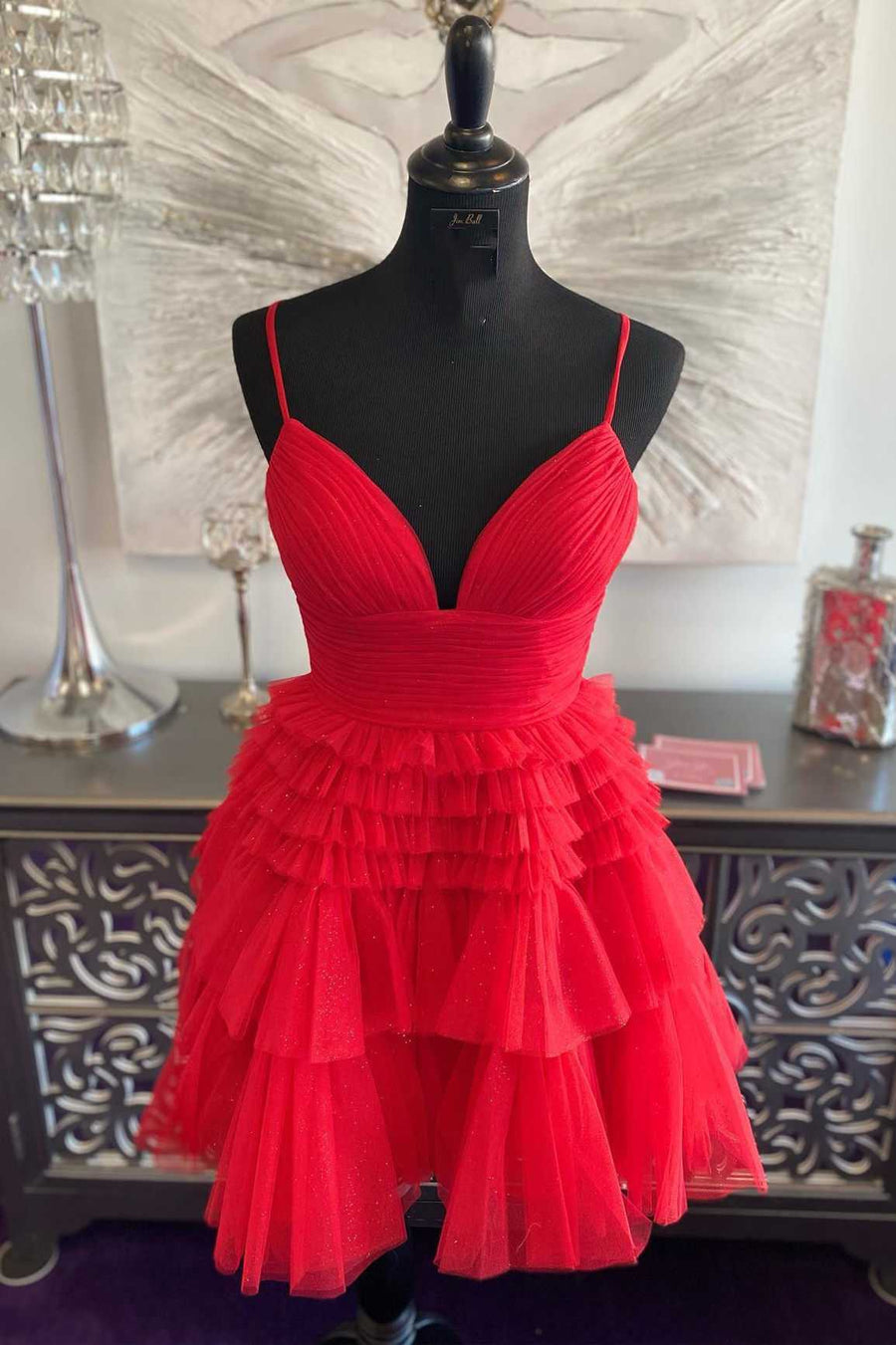 Red Tiered Spaghetti Straps V-Neck A-Line Tulle Short Homecoming Dresses