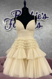 Daffodil Tiered Spaghetti Straps V-Neck A-Line Tulle Short Homecoming Dresses