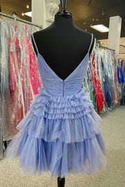 Lavender Tiered Spaghetti Straps V-Neck A-Line Tulle Short Homecoming Dresses