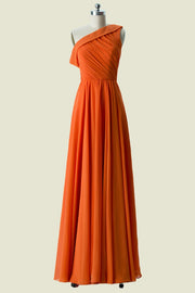 Orange Floor-Length One-Shoulder A-Line Chiffon Bridesmaid Dresses