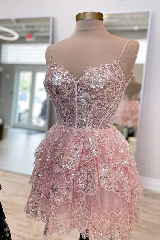 Pink Sweetheart A-Line Tiered Ruffles Short Homecoming Dress with Sequins