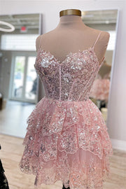 Pink Tiered Sweetheart Sleeveless Sequined A-Line Short Homecoming Dresses