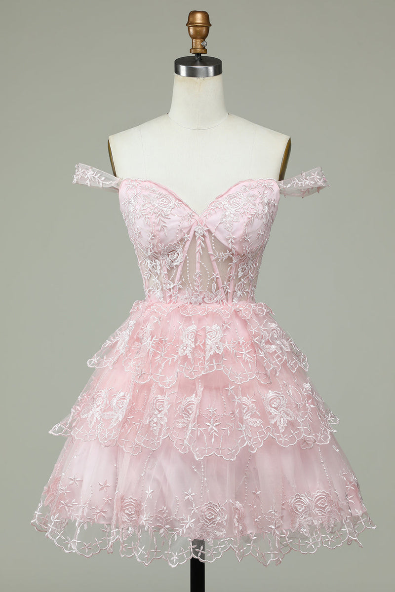 Blushing Pink Off-The-Shoulder A-Line Homecoming Dresses Sequined Lace