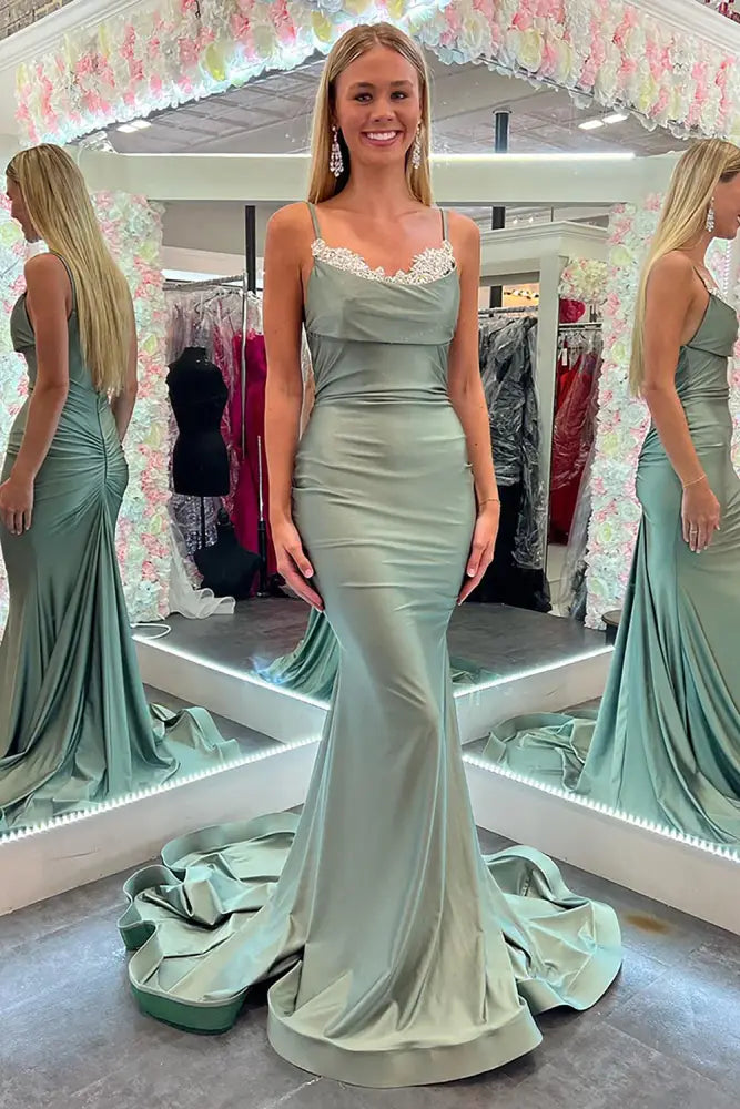 Spaghetti Straps Sleeveless Long Mermaid Satin Formal Dresses