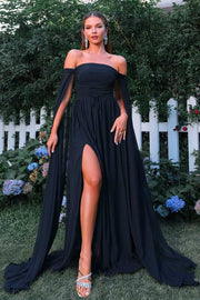 Black Off-The-Shoulder A-Line Chiffon Prom Dresses with Slit