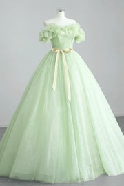 Sage Sparkly Off-The-Shoulder Ball Gown Party Prom Dresses with Sash