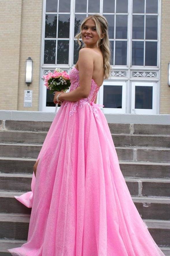 Sparkly Tulle Strapless Sweetheart A-Line Formal Dresses with Slit