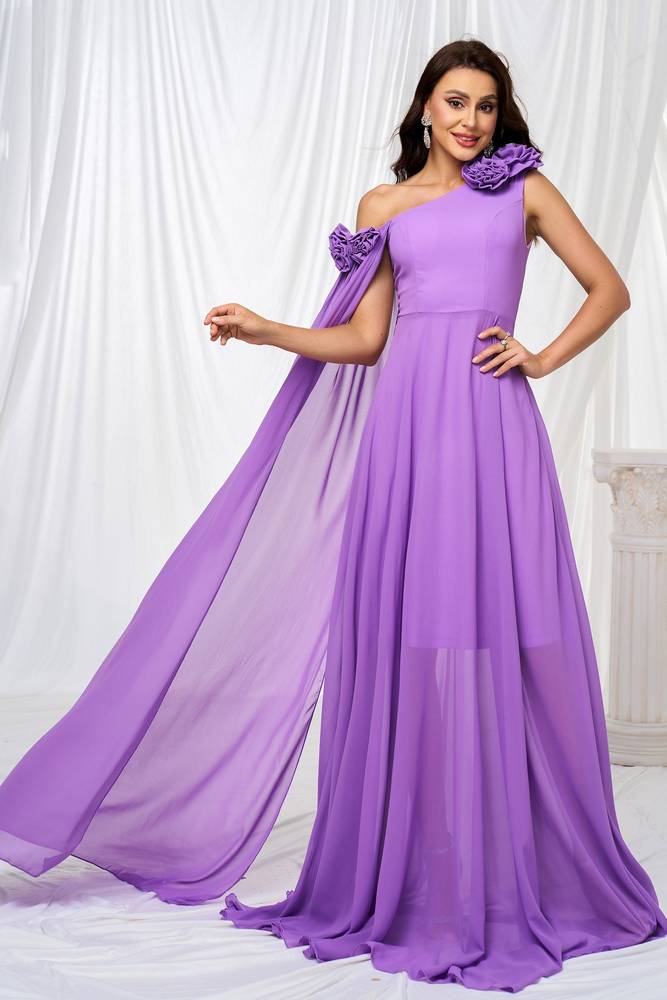 Purple One-Shoulder Chiffon A-Line Evening Dresses with Handmade Flower