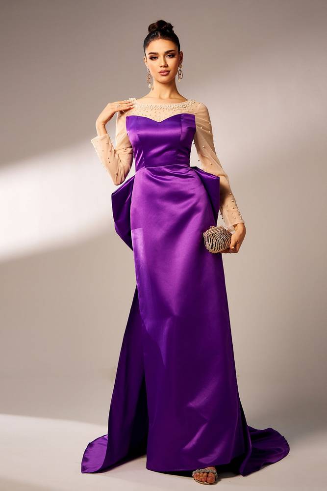 Beaded Long Sleeves Mermaid Satin Party Evening Dresses with Bow