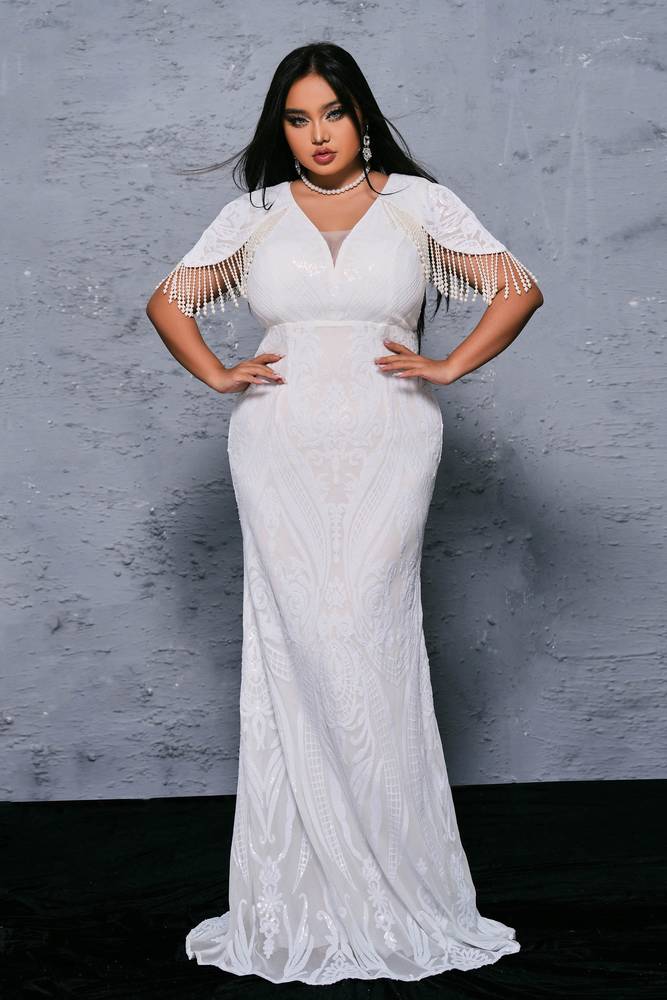 White Sequined Plus Size Mermaid Evening Dresses with Beading