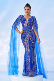 Royal Blue V-Neck Sequin Mermaid Tulle Evening Dresses