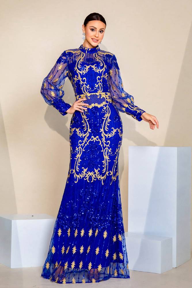 Royal Blue High Neck Long Sleeves Mermaid Sequin Tulle Evening Dresses