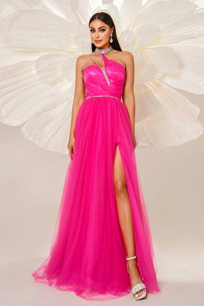 High Neck Sleeveless A-Line Tulle Evening Dresses with Rhinestones