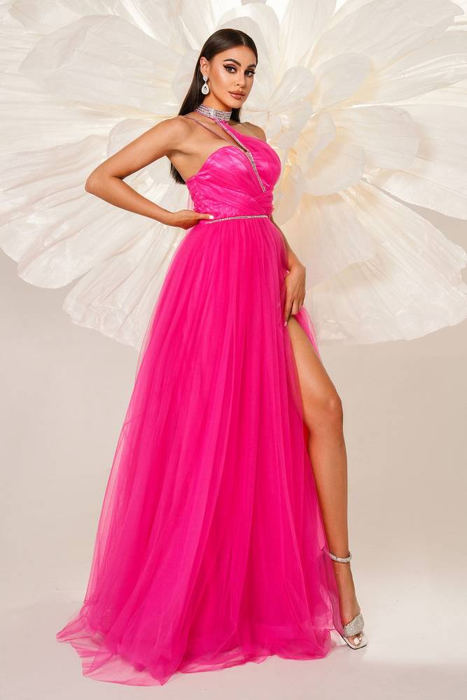 High Neck Sleeveless A-Line Tulle Evening Dresses with Rhinestones