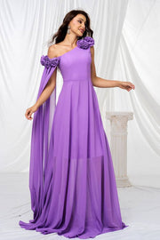 Purple One-Shoulder Chiffon A-Line Evening Dresses with Handmade Flower