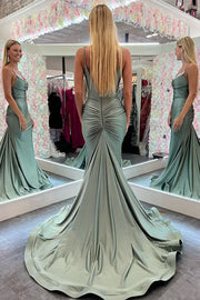 Spaghetti Straps Sleeveless Long Mermaid Satin Formal Dresses