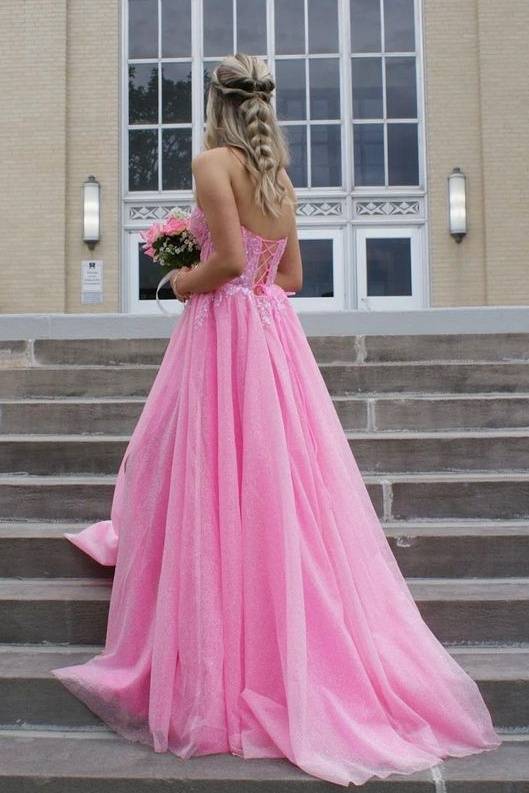 Sparkly Tulle Strapless Sweetheart A-Line Formal Dresses with Slit