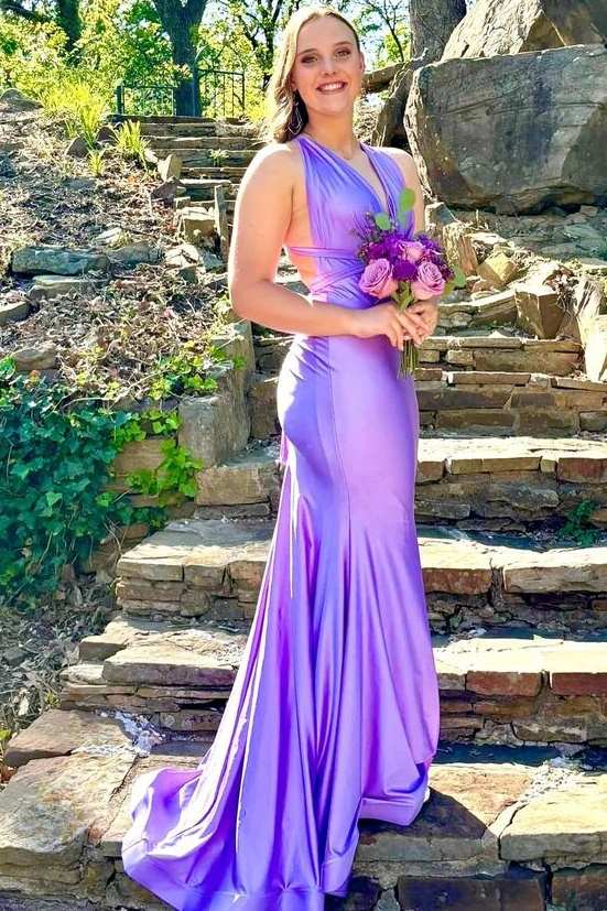 Purple V-Neck Sweep Train Sleeveless Mermaid Prom Dresses