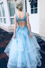 Sky Blue Asymmetrical V-Neck A-Line Tulle Party Prom Dresses with Appliques