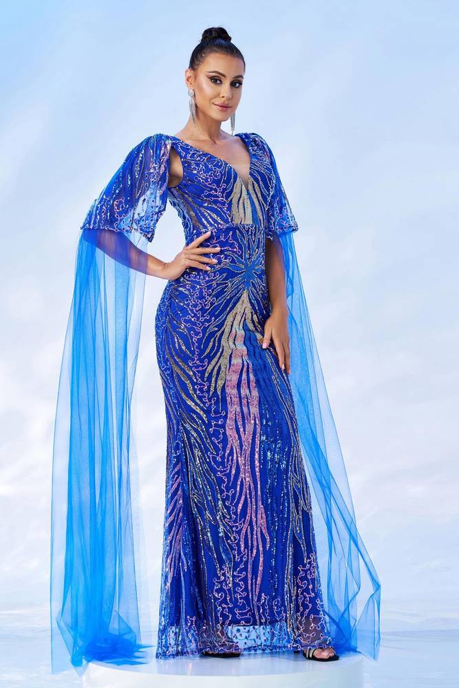 Royal Blue V-Neck Sequin Mermaid Tulle Evening Dresses