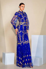 Royal Blue High Neck Long Sleeves Mermaid Sequin Tulle Evening Dresses