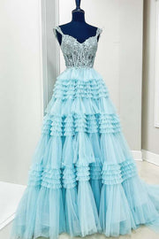 Light Blue Beaded Spaghetti Straps A-Line Layered Tulle Long Formal Dresses