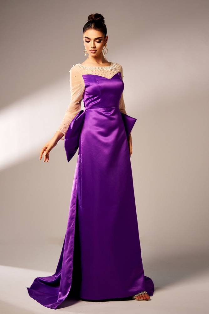 Beaded Long Sleeves Mermaid Satin Party Evening Dresses with Bow