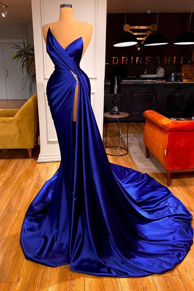 Royal Blue V-Neck Long Mermaid Satin Strapless Prom Dresses with Slit