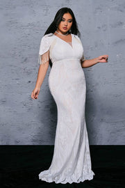 White Sequined Plus Size Mermaid Evening Dresses with Beading