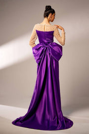 Beaded Long Sleeves Mermaid Satin Party Evening Dresses with Bow