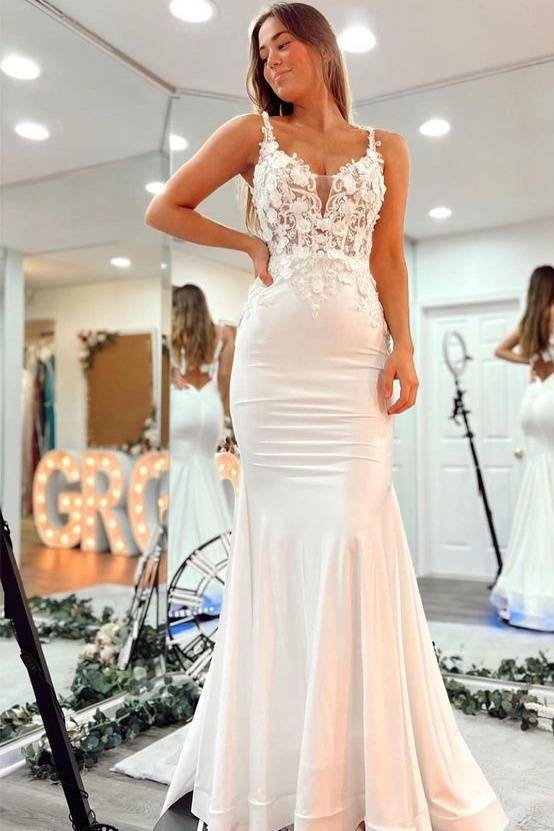 Sexy Mermaid Spaghetti Straps V-Neck Sleeveless Satin Lace Wedding Dresses