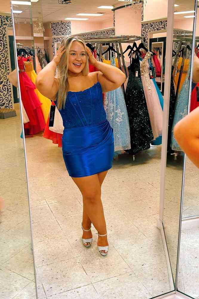 Royal Blue Strapless Tight Short Homecoming Dresses with Appliques