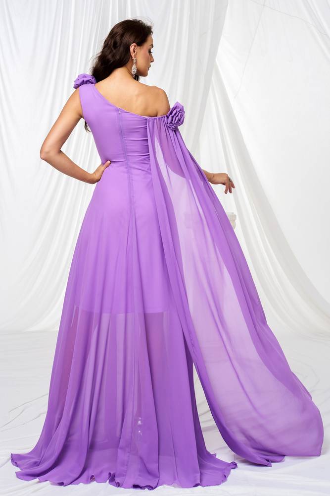 Purple One-Shoulder Chiffon A-Line Evening Dresses with Handmade Flower