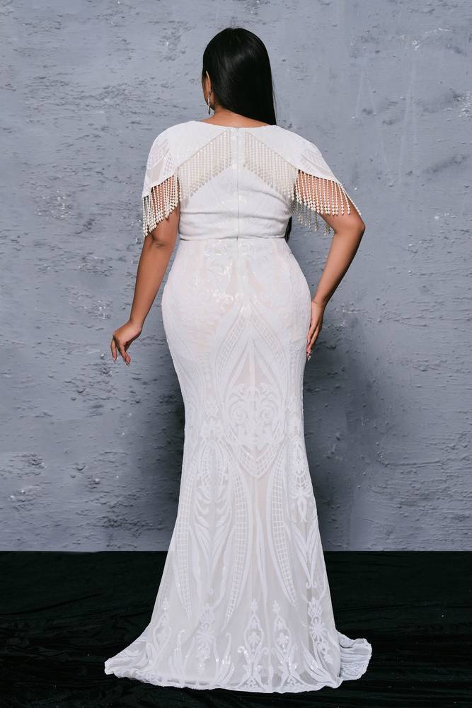 White Sequined Plus Size Mermaid Evening Dresses with Beading